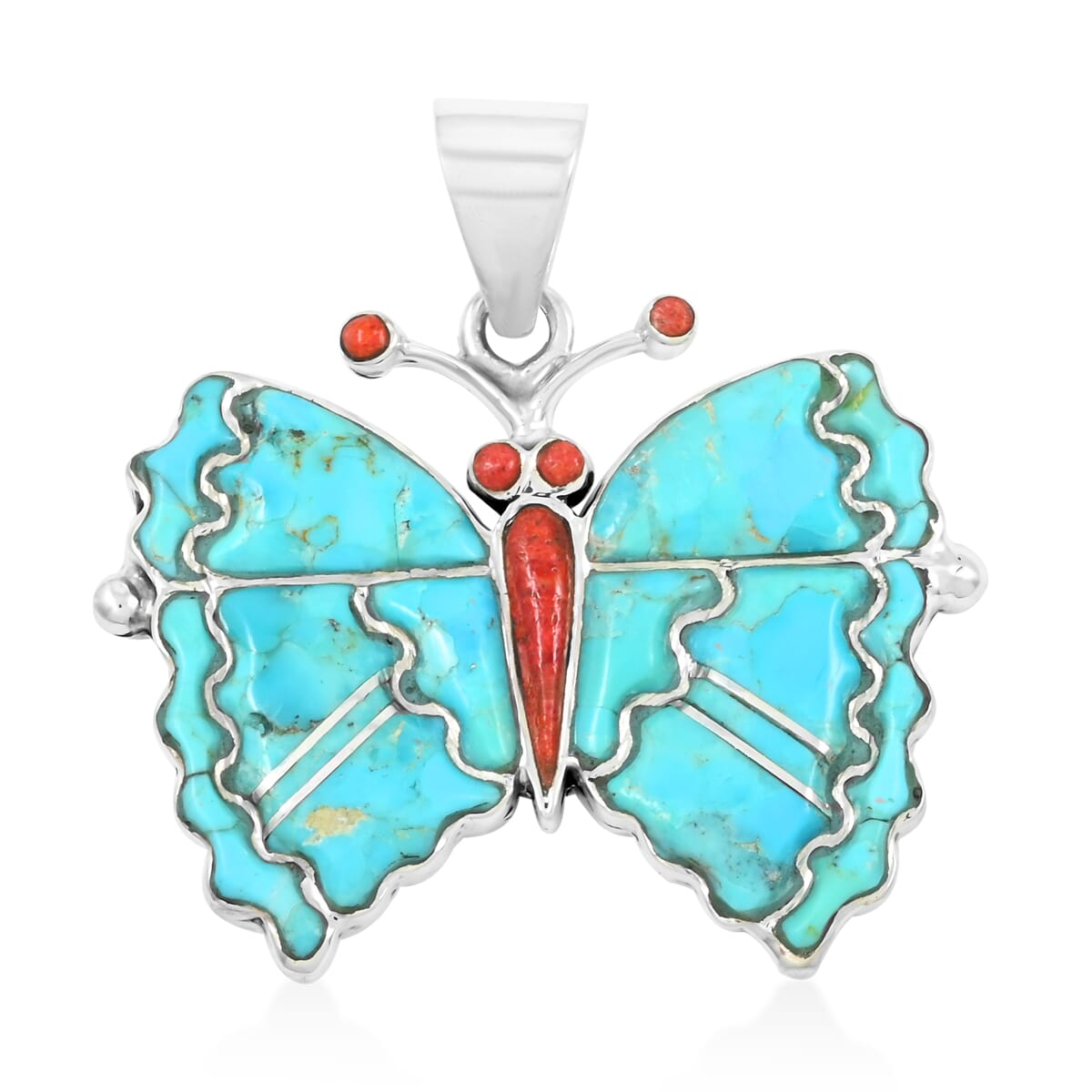 Santa Fe Style Kingman Turquoise and Enhanced Red Coral 24.00 ctw Butterfly Pendant in Sterling Silver image number 0