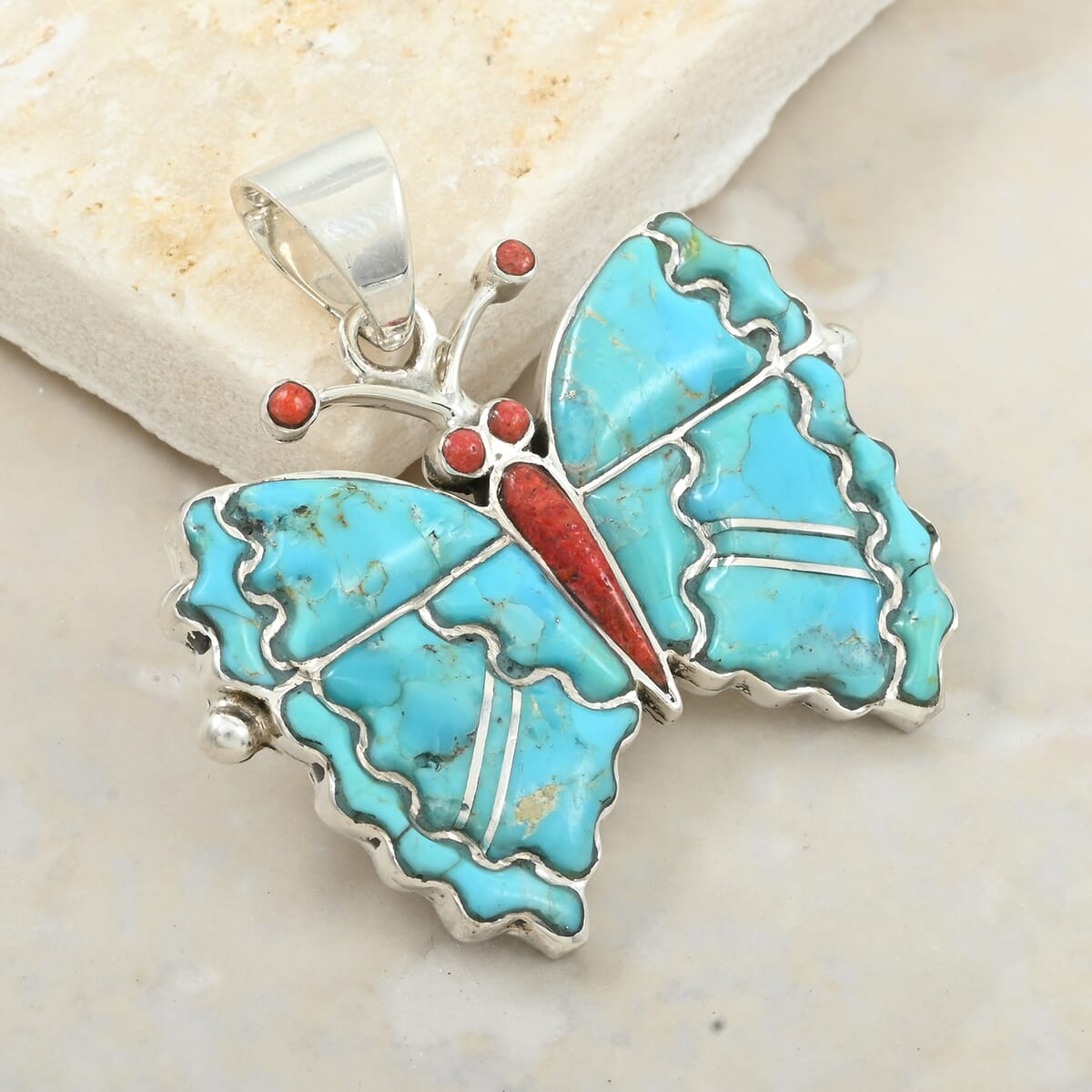 Santa Fe Style Kingman Turquoise and Enhanced Red Coral 24.00 ctw Butterfly Pendant in Sterling Silver image number 1