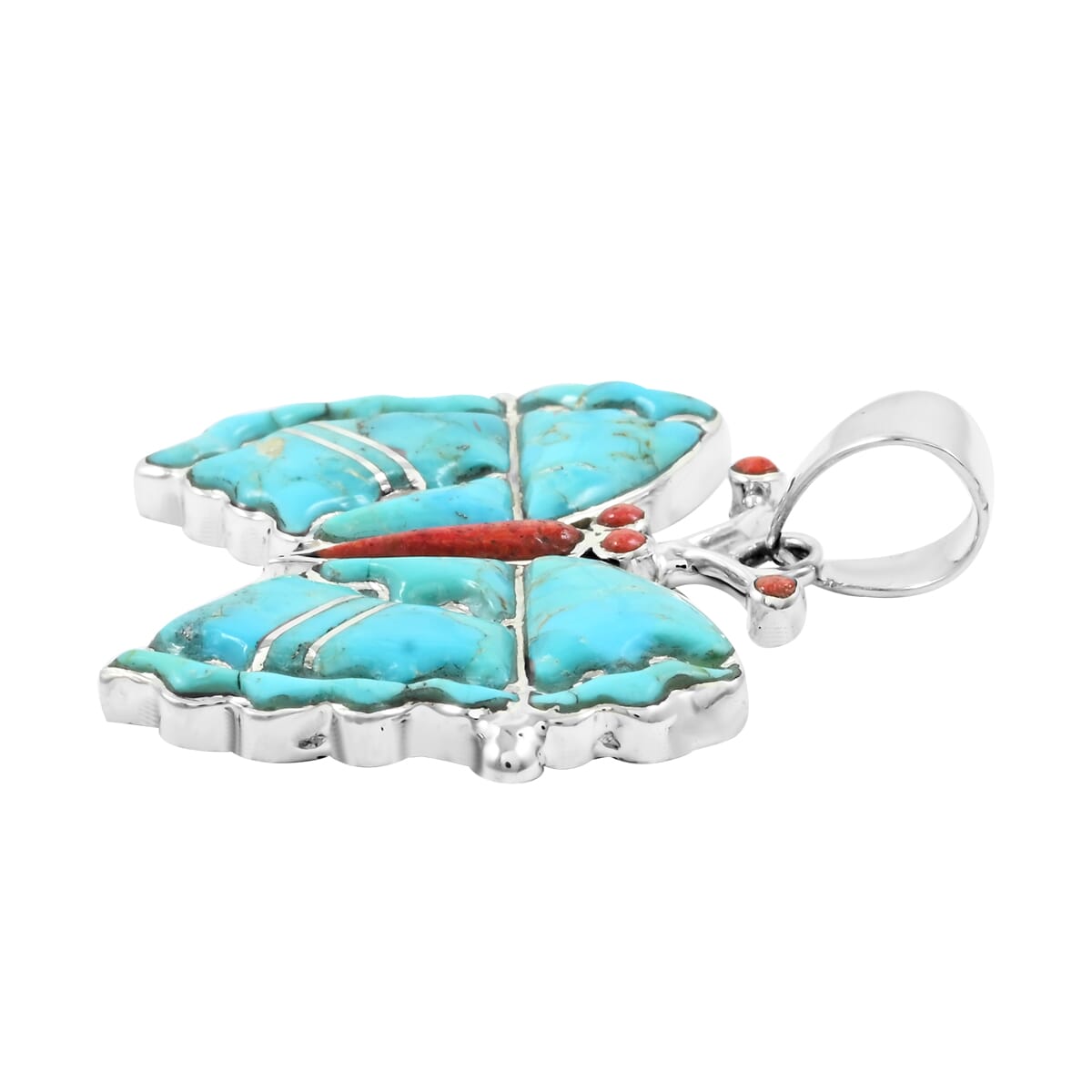 Santa Fe Style Kingman Turquoise and Enhanced Red Coral 24.00 ctw Butterfly Pendant in Sterling Silver image number 3