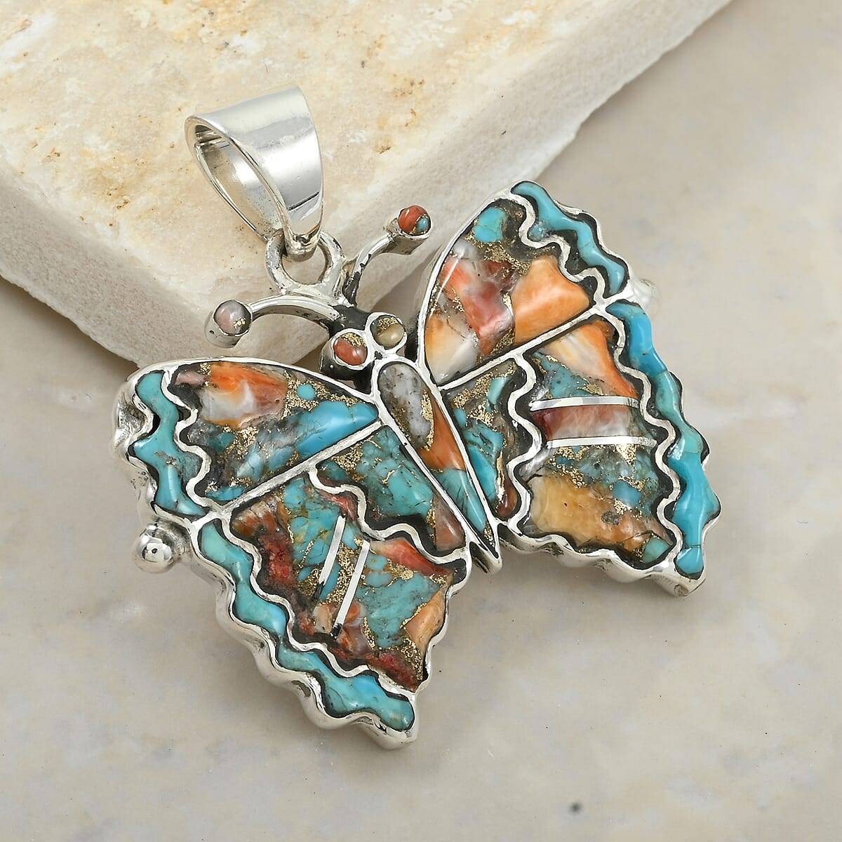 Santa Fe Style Spiny Turquoise and Kingman Turquoise 24.00 ctw Butterfly Pendant in Sterling Silver image number 1