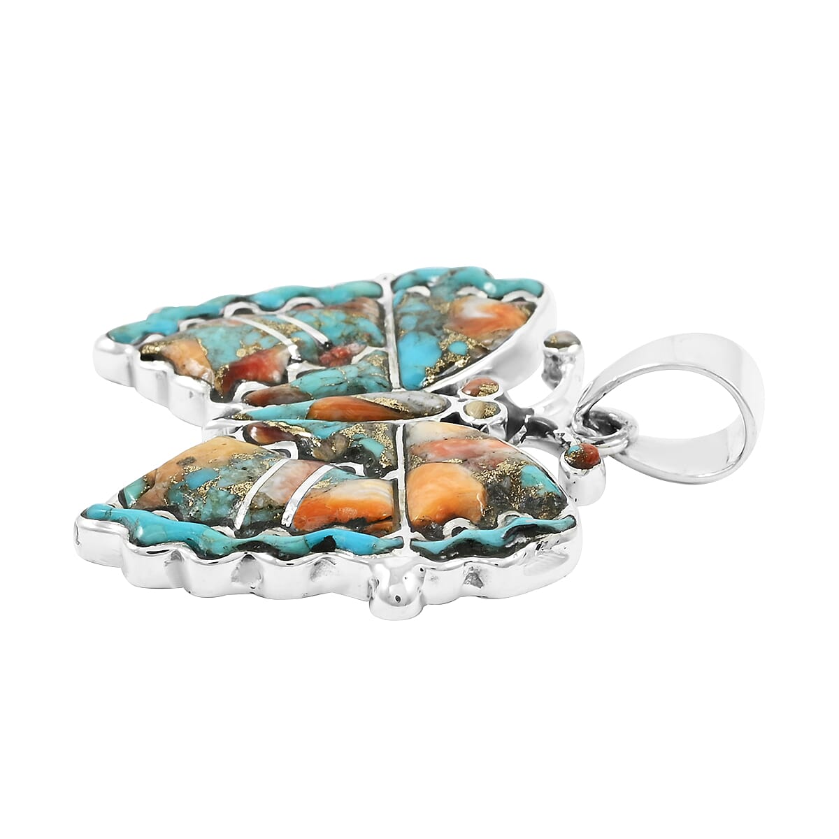 Santa Fe Style Spiny Turquoise and Kingman Turquoise 24.00 ctw Butterfly Pendant in Sterling Silver image number 3