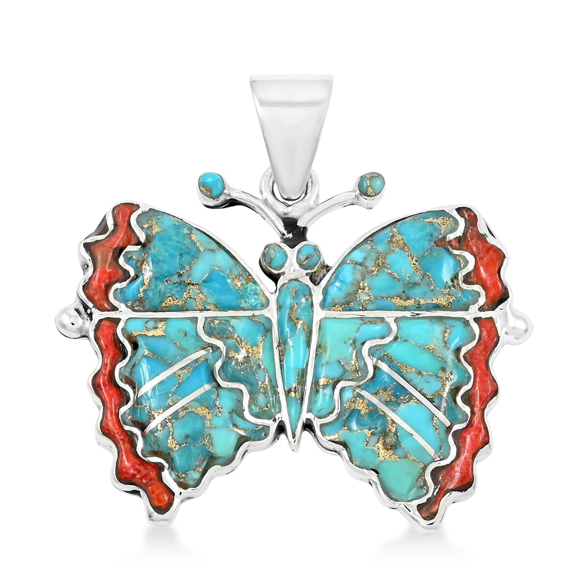 Santa Fe Style Mojave Turquoise and Enhanced Red Coral 24.00 ctw Butterfly Pendant in Sterling Silver image number 0