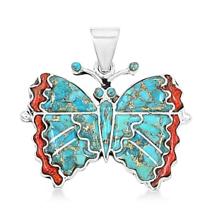 Santa Fe Style Mojave Turquoise and Enhanced Red Coral 24.00 ctw Butterfly Pendant without Chain in Sterling Silver