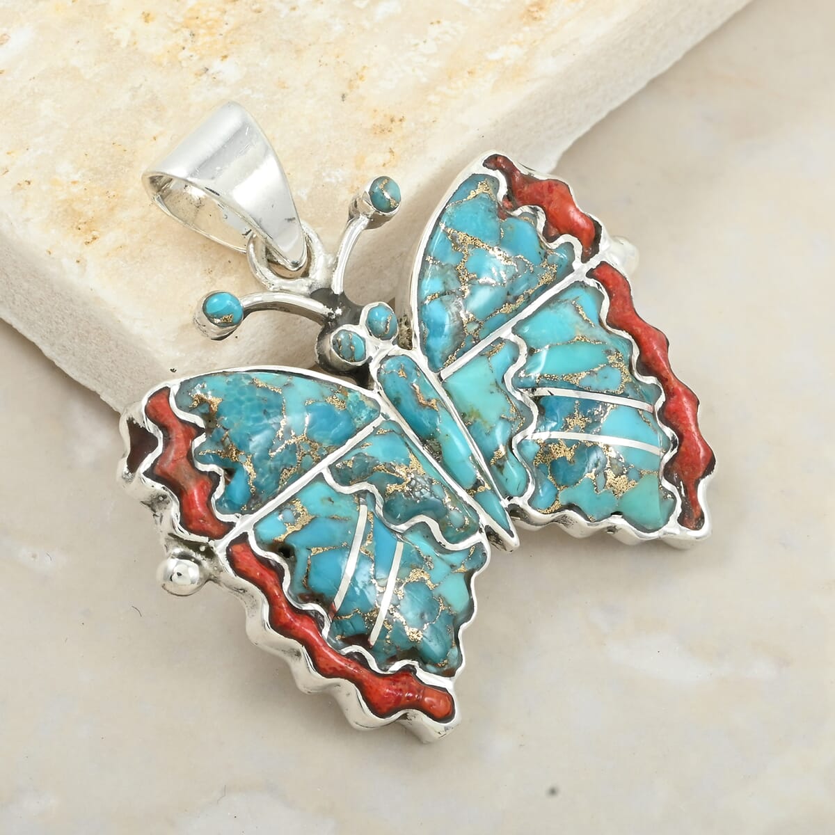 Santa Fe Style Mojave Turquoise and Enhanced Red Coral 24.00 ctw Butterfly Pendant in Sterling Silver image number 1