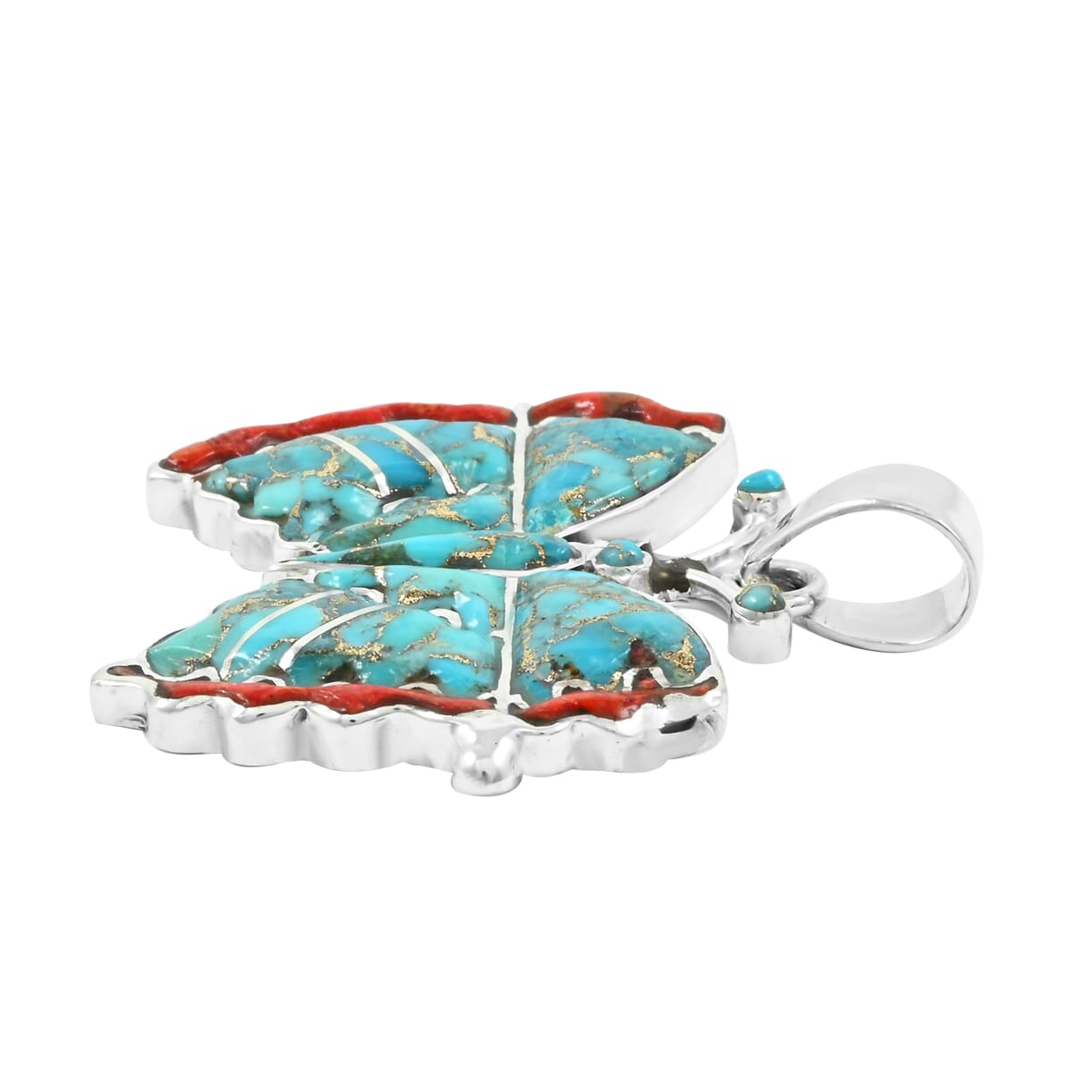 Santa Fe Style Mojave Turquoise and Enhanced Red Coral 24.00 ctw Butterfly Pendant in Sterling Silver image number 3