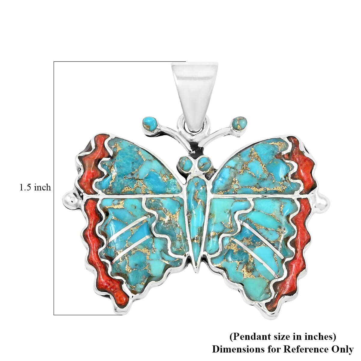 Santa Fe Style Mojave Turquoise and Enhanced Red Coral 24.00 ctw Butterfly Pendant in Sterling Silver image number 4