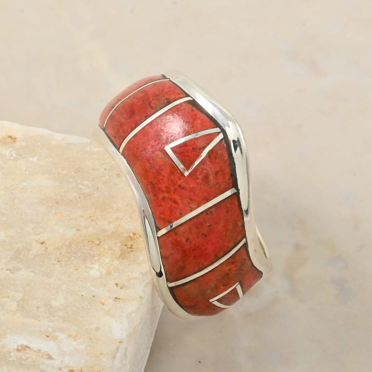 Santa Fe Style Enhanced Red Coral 10.00 ctw Ring in Sterling Silver (Size 8.0) image number 1