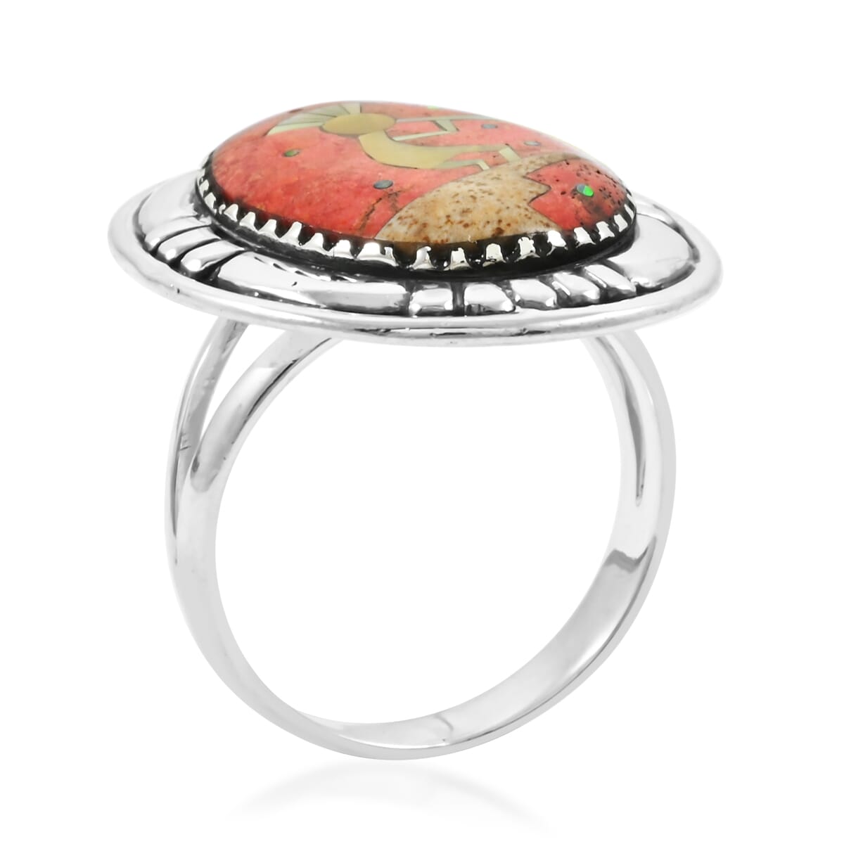 Santa Fe Style Enhanced Red Coral, Multi Gemstone Kokopelli Ring in Sterling Silver (Size 10.0) 8.00 ctw image number 3