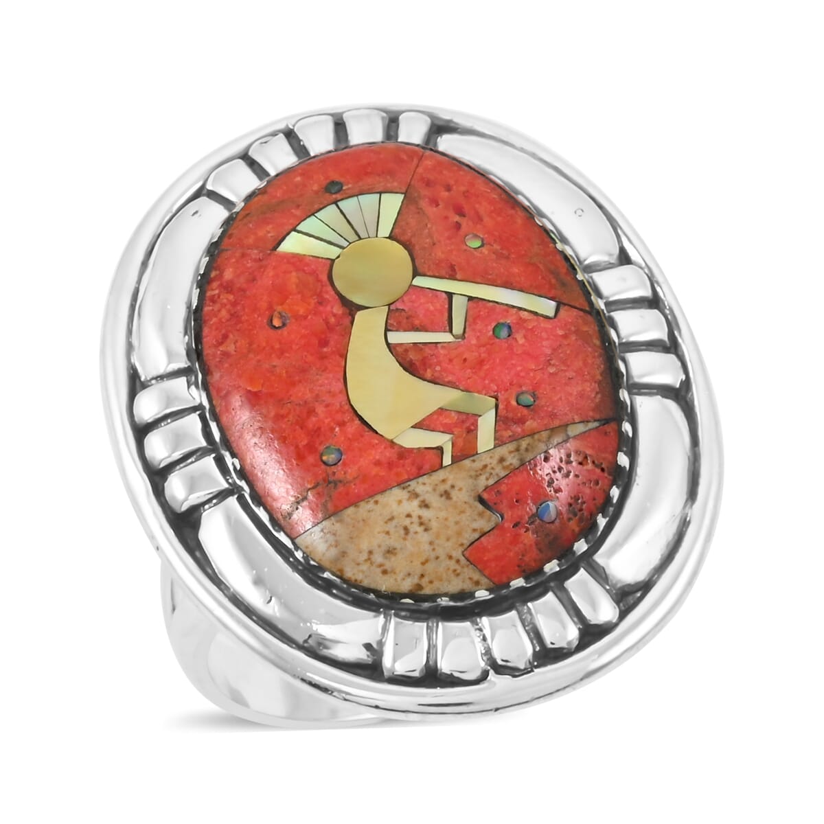 Santa Fe Style Enhanced Red Coral and Multi Gemstone 8.00 ctw Kokopelli Ring in Sterling Silver (Size 7.0) image number 0