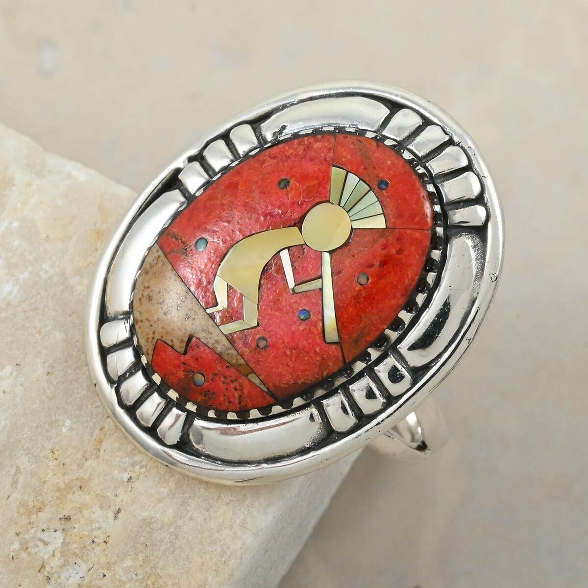 Santa Fe Style Enhanced Red Coral and Multi Gemstone 8.00 ctw Kokopelli Ring in Sterling Silver (Size 7.0) image number 1