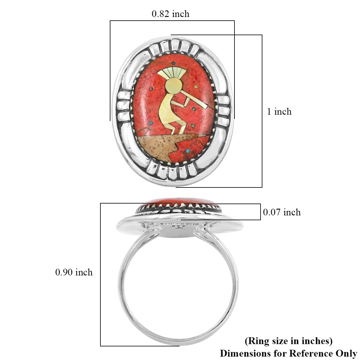 Santa Fe Style Enhanced Red Coral and Multi Gemstone 8.00 ctw Kokopelli Ring in Sterling Silver (Size 7.0) image number 4