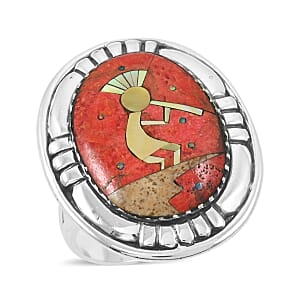 Santa Fe Style Enhanced Red Coral and Multi Gemstone 8.00 ctw Kokopelli Ring in Sterling Silver (Size 9.0)
