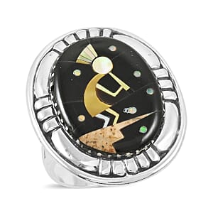 Santa Fe Style Black Onyx and Multi Gemstone 8.00 ctw Kokopelli Ring in Sterling Silver (Size 10.0)