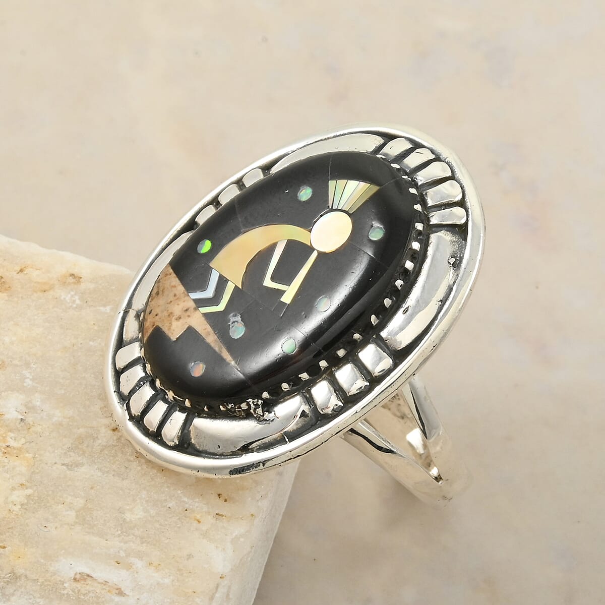 Santa Fe Style Black Onyx and Multi Gemstone 8.00 ctw Kokopelli Ring in Sterling Silver (Size 10.0) image number 1