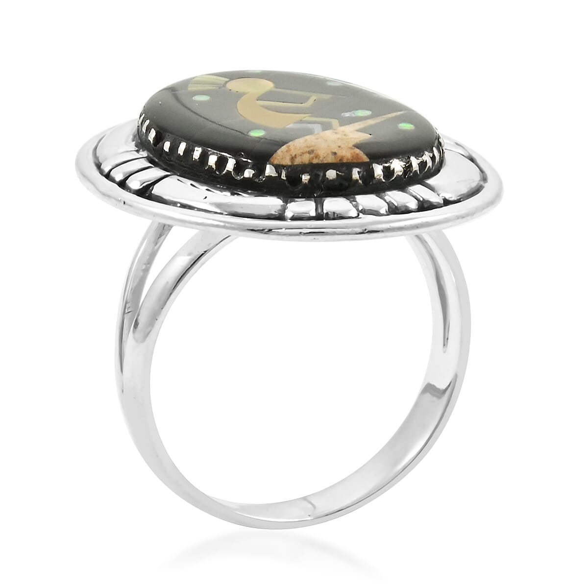 Santa Fe Style Black Onyx and Multi Gemstone 8.00 ctw Kokopelli Ring in Sterling Silver (Size 10.0) image number 3
