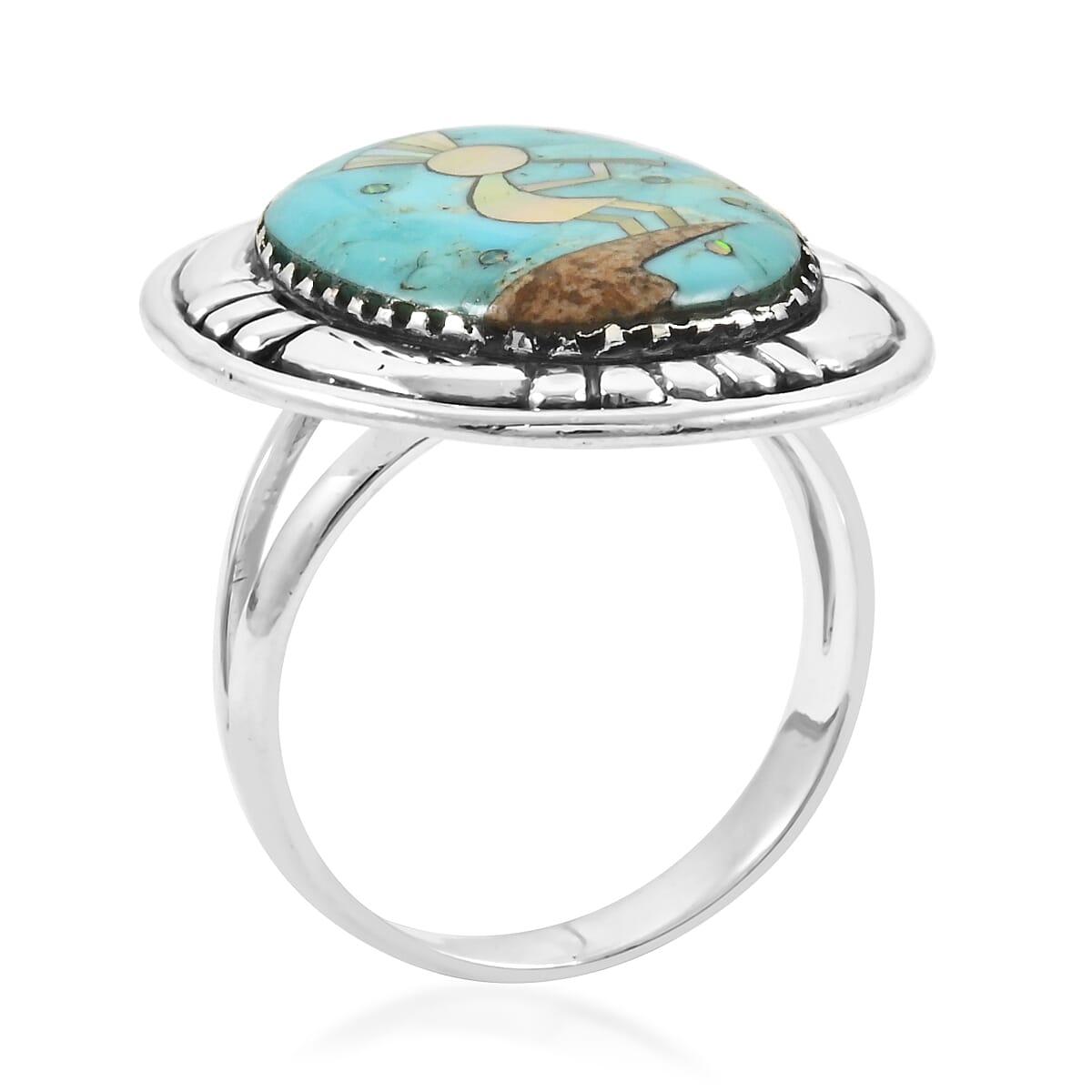 Santa Fe Style Kingman Turquoise and Multi Gemstone 8.00 ctw Kokopelli Ring in Sterling Silver (Size 10.0) image number 3