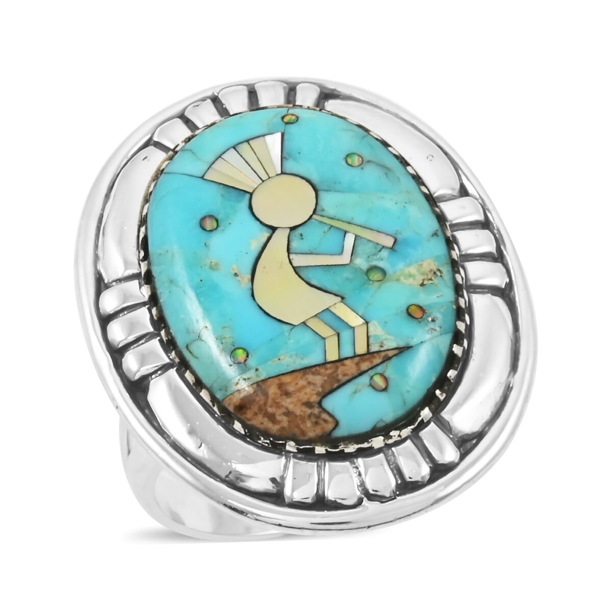 Santa Fe Style Kingman Turquoise and Multi Gemstone 8.00 ctw Kokopelli Ring in Sterling Silver (Size 11.0) image number 0