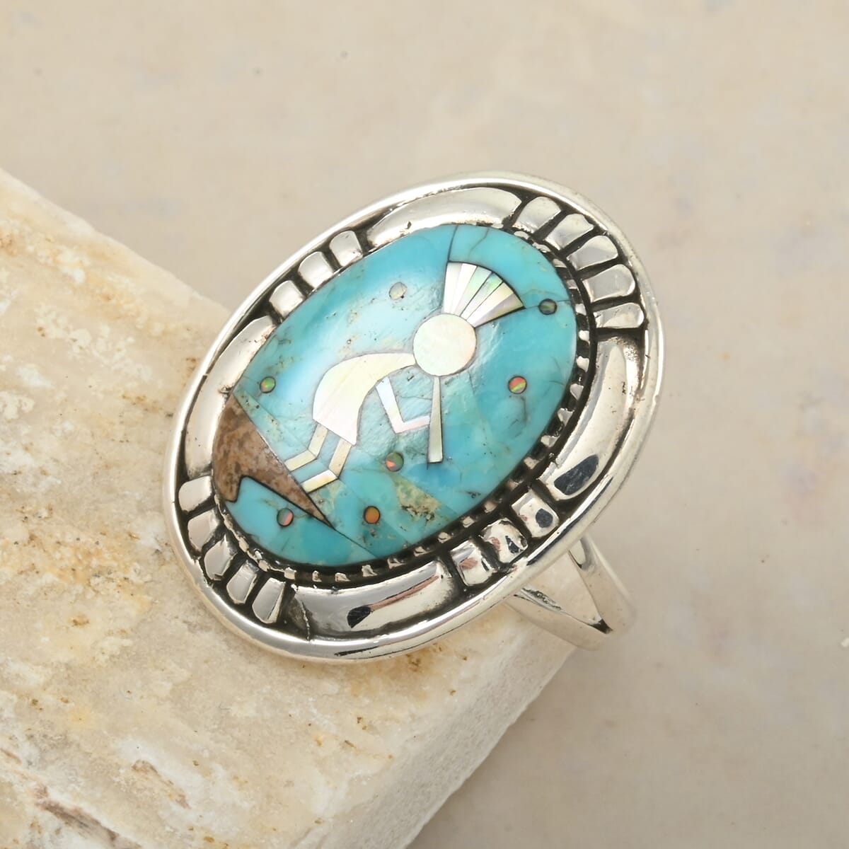 Santa Fe Style Kingman Turquoise and Multi Gemstone 8.00 ctw Kokopelli Ring in Sterling Silver (Size 11.0) image number 1
