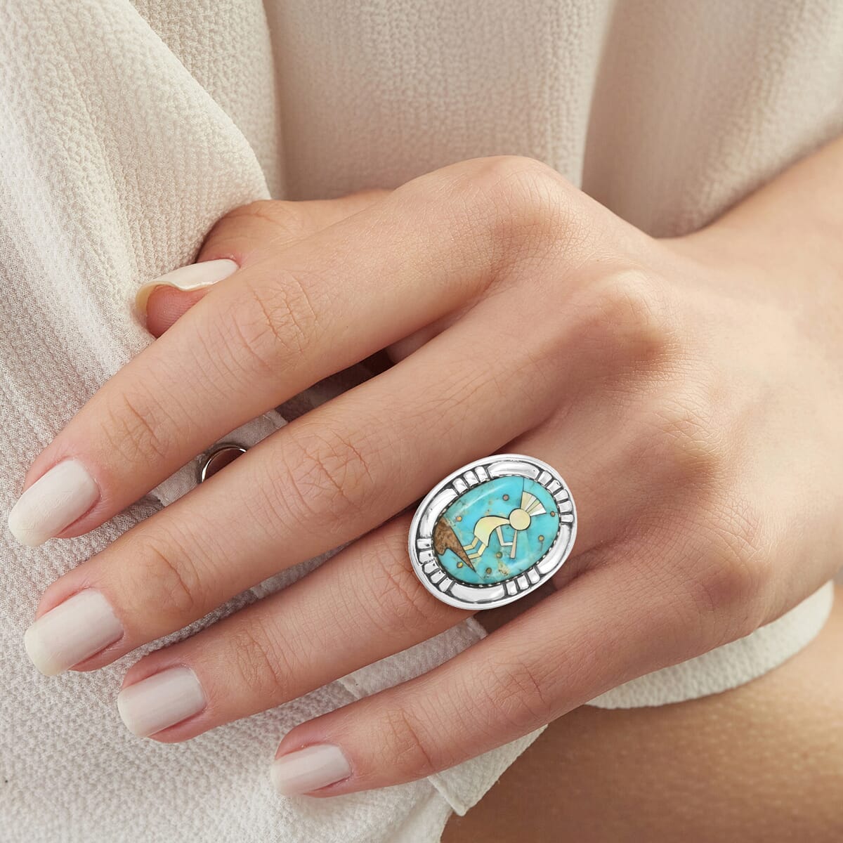 Santa Fe Style Kingman Turquoise and Multi Gemstone 8.00 ctw Kokopelli Ring in Sterling Silver (Size 11.0) image number 2