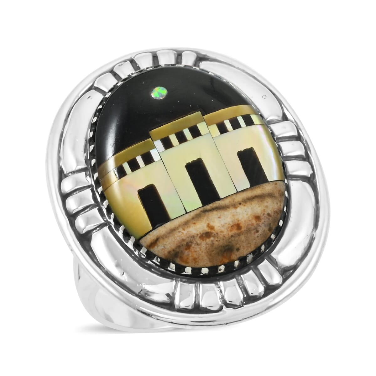 Santa Fe Style Black Onyx and Multi Gemstone 23.00 ctw Pueblo Ring in Sterling Silver (Size  6.0) image number 0