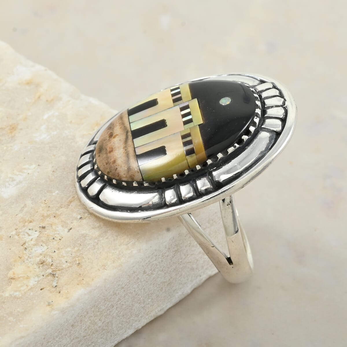 Santa Fe Style Black Onyx and Multi Gemstone 23.00 ctw Pueblo Ring in Sterling Silver (Size  6.0) image number 1