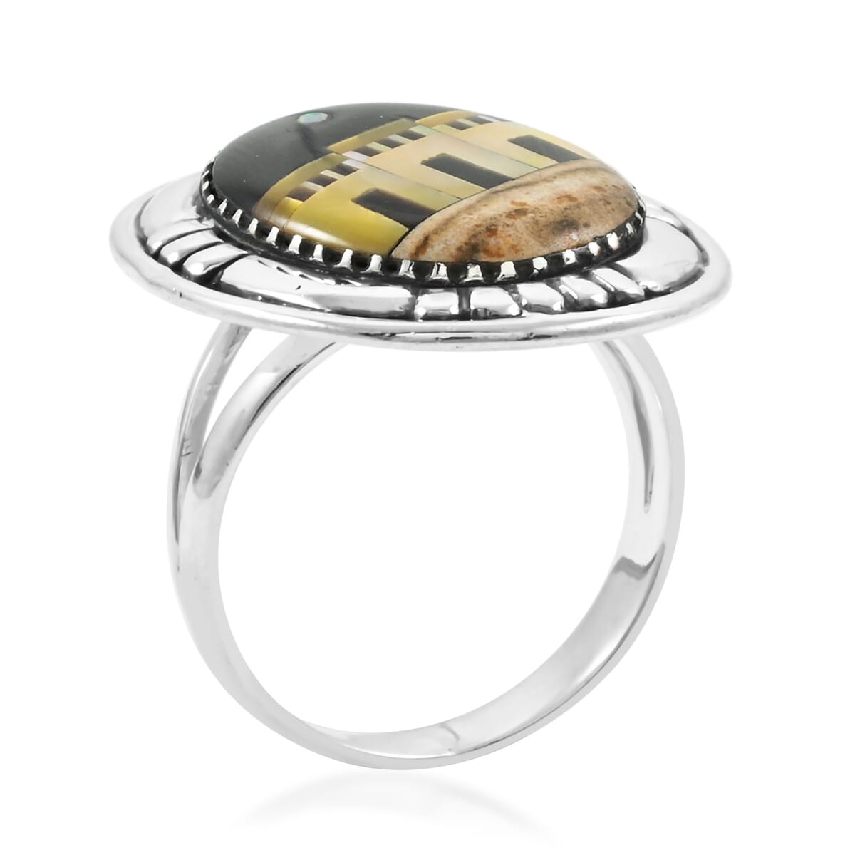 Santa Fe Style Black Onyx and Multi Gemstone 23.00 ctw Pueblo Ring in Sterling Silver (Size  6.0) image number 3