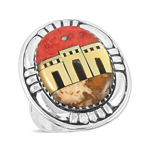 Santa Fe Style Enhanced Red Coral and Multi Gemstone 23.00 ctw Pueblo Ring in Sterling Silver (Size 8.0)
