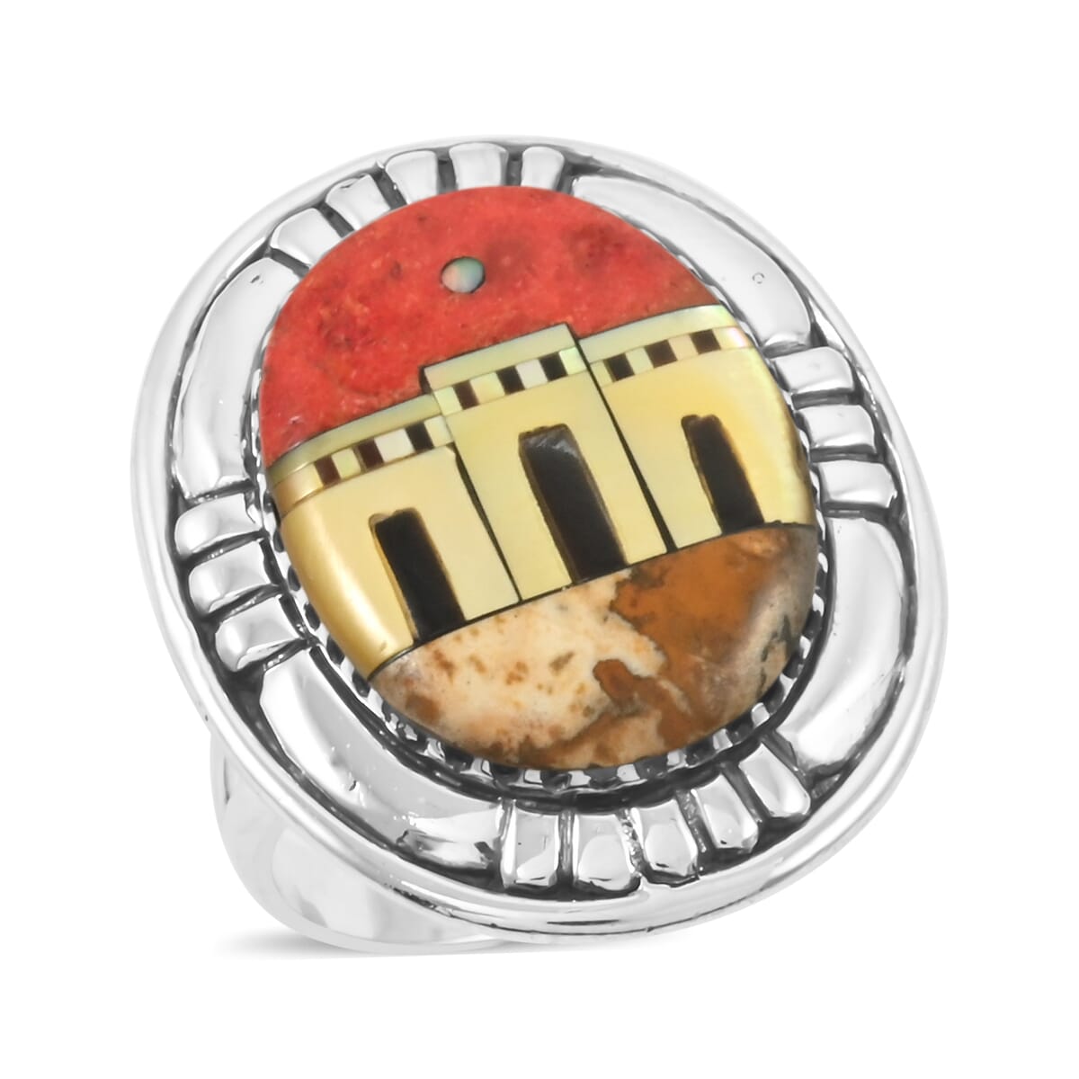 Santa Fe Style Enhanced Red Coral and Multi Gemstone 23.00 ctw Pueblo Ring in Sterling Silver (Size 9.0) image number 0
