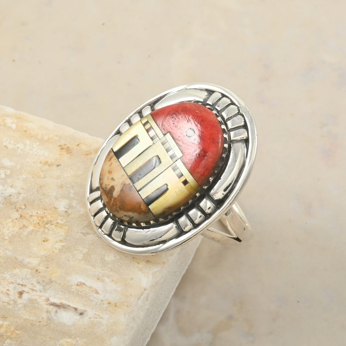 Santa Fe Style Enhanced Red Coral and Multi Gemstone 23.00 ctw Pueblo Ring in Sterling Silver (Size 9.0) image number 1