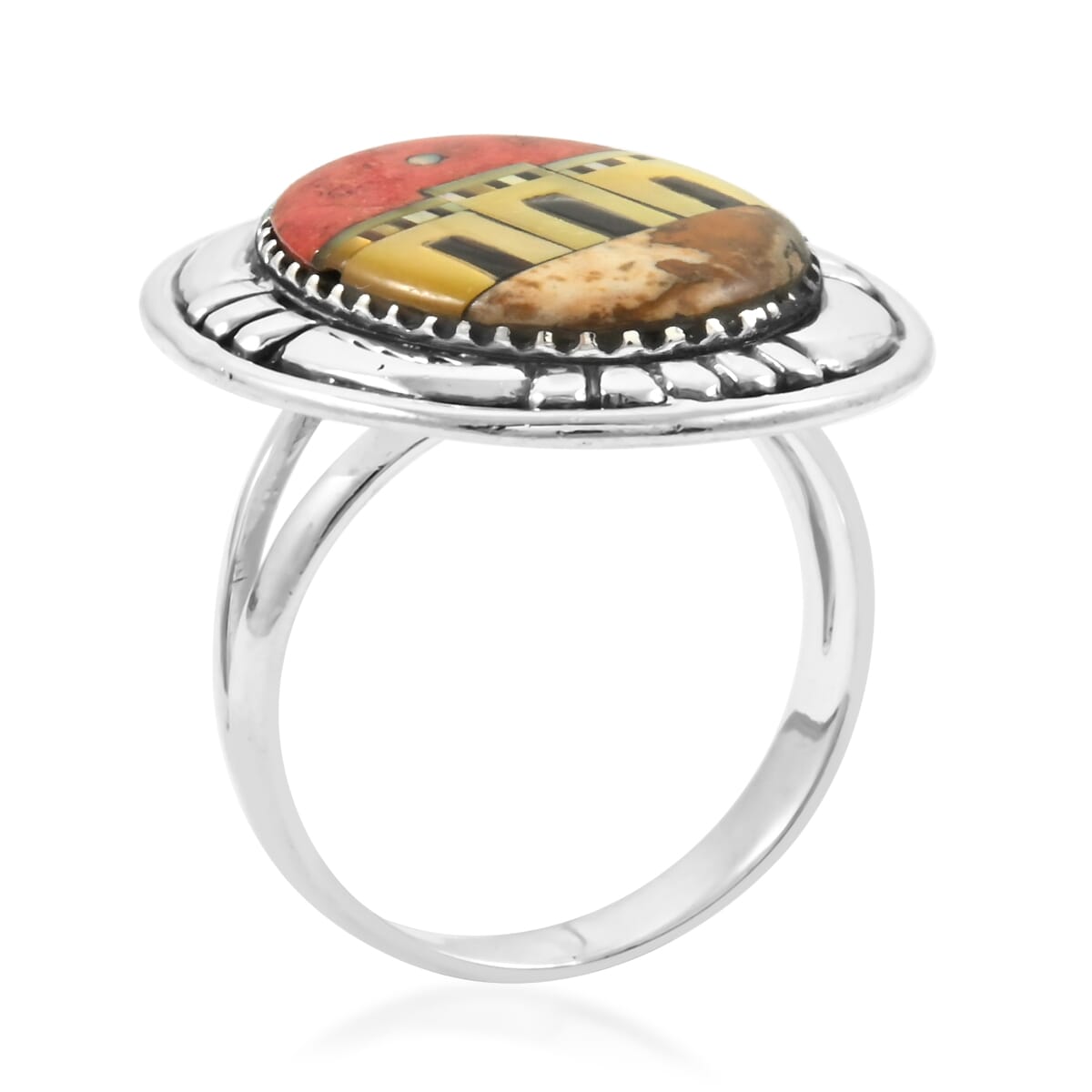 Santa Fe Style Enhanced Red Coral and Multi Gemstone 23.00 ctw Pueblo Ring in Sterling Silver (Size 9.0) image number 3
