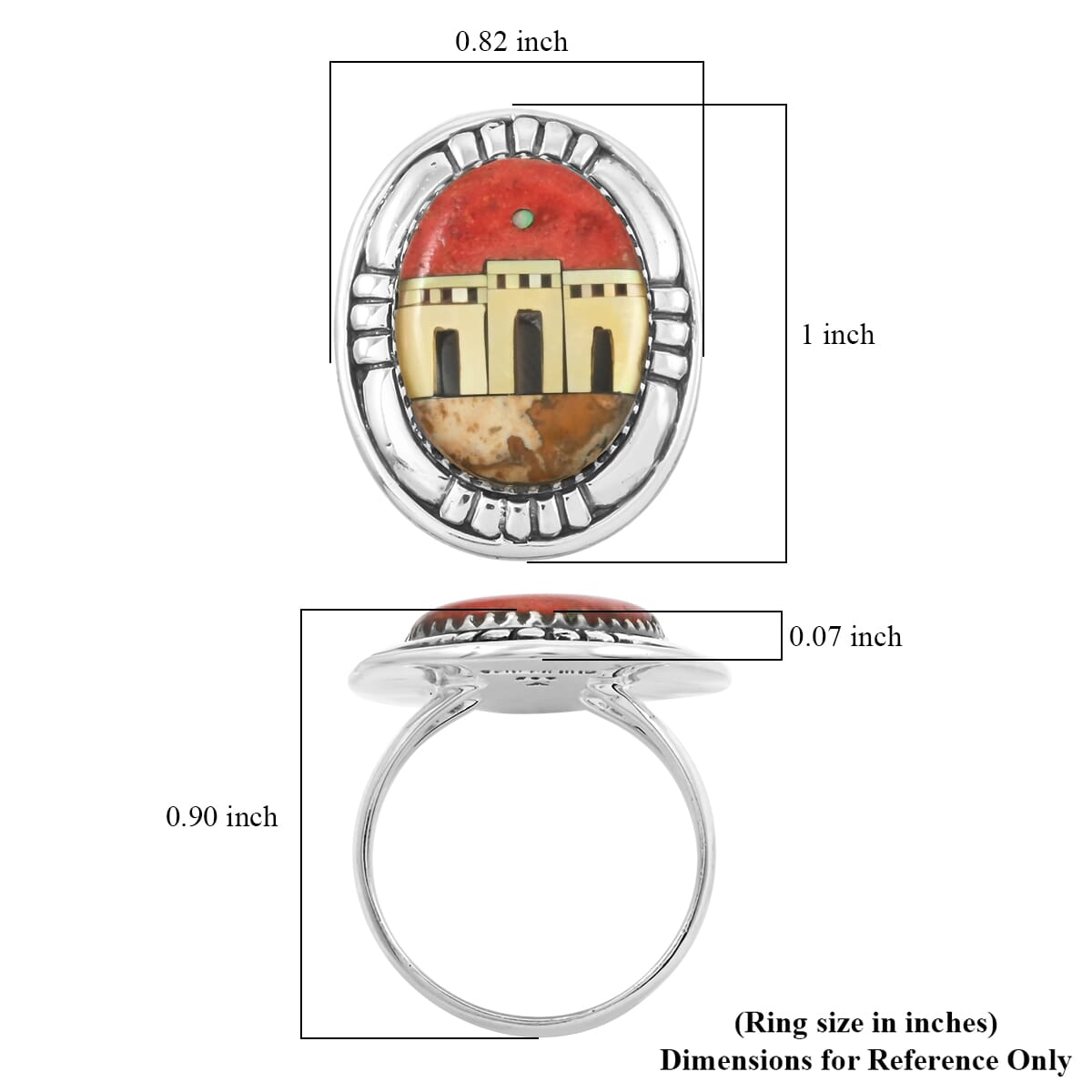 Santa Fe Style Enhanced Red Coral and Multi Gemstone 23.00 ctw Pueblo Ring in Sterling Silver (Size 9.0) image number 4