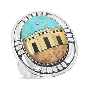 Santa Fe Style Kingman Turquoise and Multi Gemstone 23.00 ctw Pueblo Ring in Sterling Silver (Size  11.0)