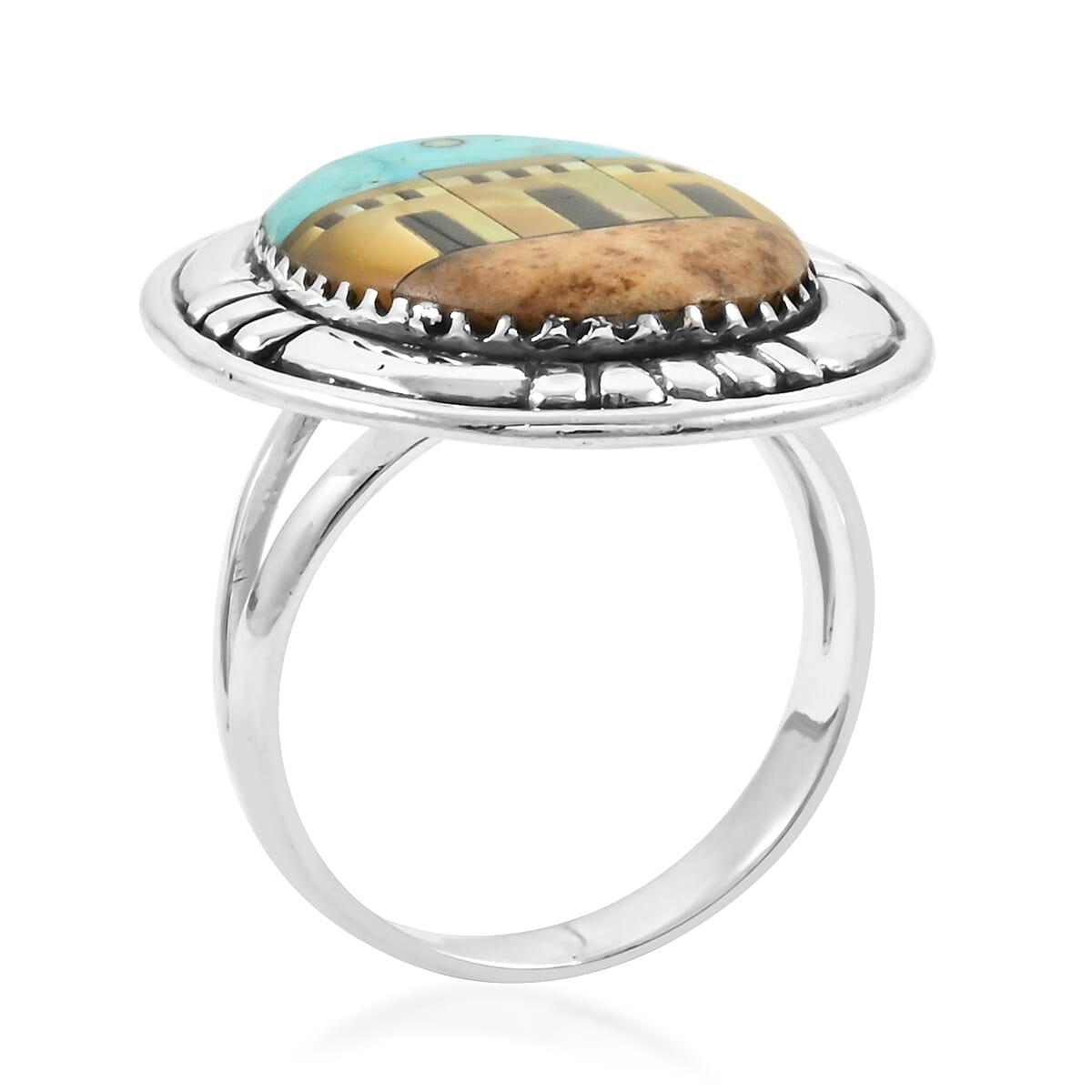 Santa Fe Style Kingman Turquoise and Multi Gemstone 23.00 ctw Pueblo Ring in Sterling Silver (Size  11.0) image number 3