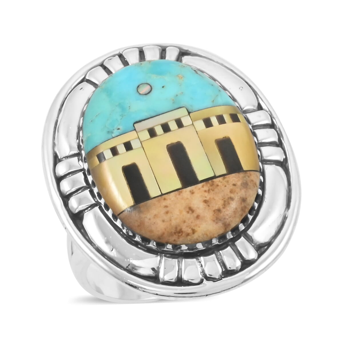 Santa Fe Style Kingman Turquoise and Multi Gemstone 23.00 ctw Pueblo Ring in Sterling Silver (Size  6.0) image number 0