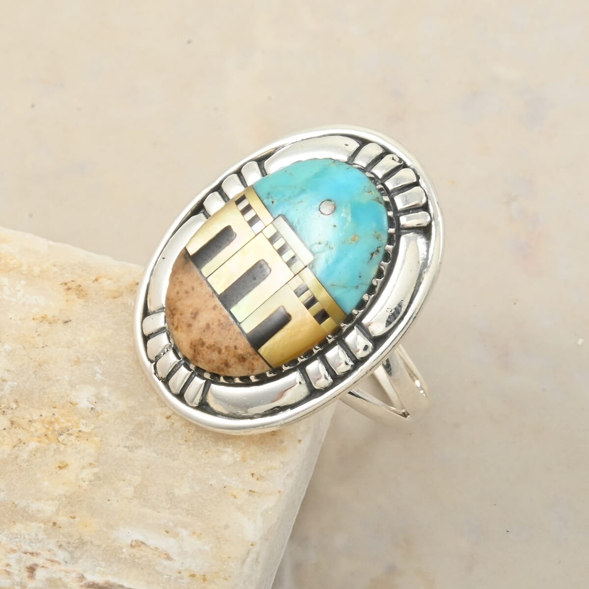Santa Fe Style Kingman Turquoise and Multi Gemstone 23.00 ctw Pueblo Ring in Sterling Silver (Size  6.0) image number 1