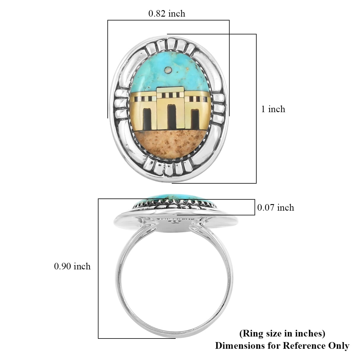 Santa Fe Style Kingman Turquoise and Multi Gemstone 23.00 ctw Pueblo Ring in Sterling Silver (Size  6.0) image number 4