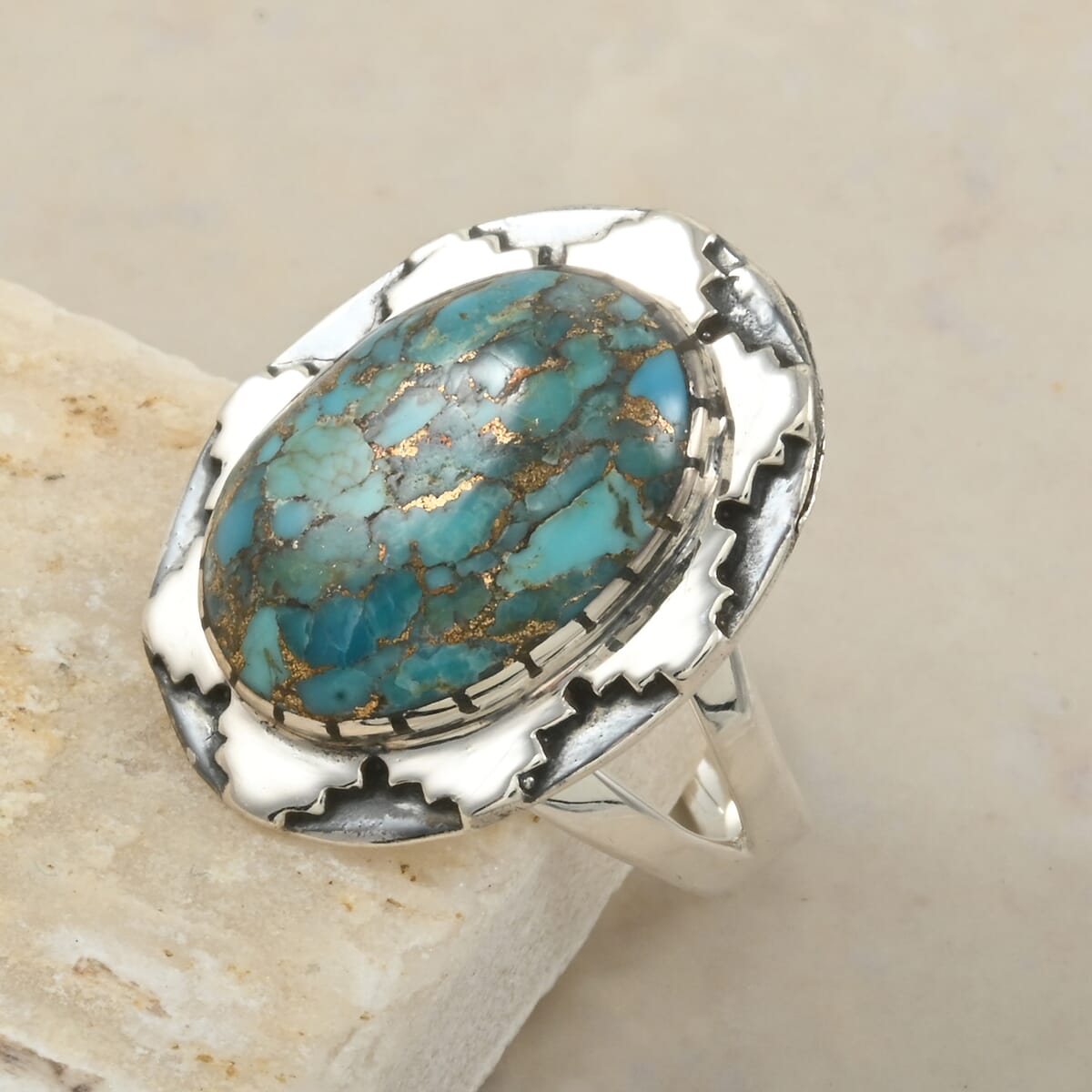 Santa Fe Style Mojave Turquoise 10.00 ctw Ring in Sterling Silver (Size  10.0) image number 1