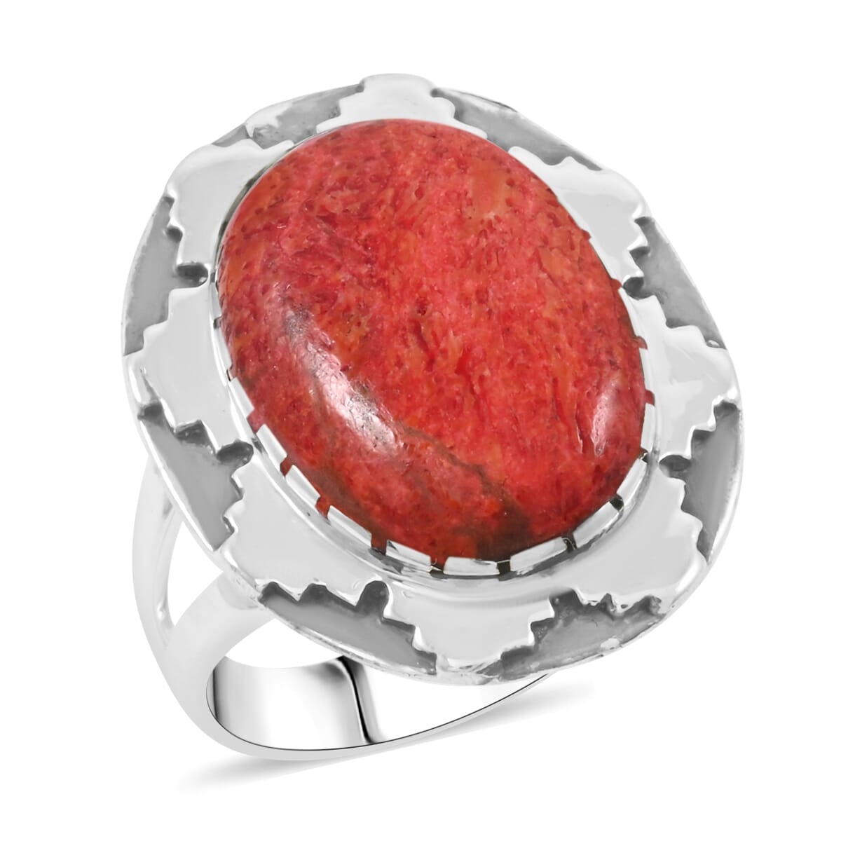 Santa Fe Style Enhanced Red Coral 10.00 ctw Ring in Sterling Silver (Size 8.0) image number 0