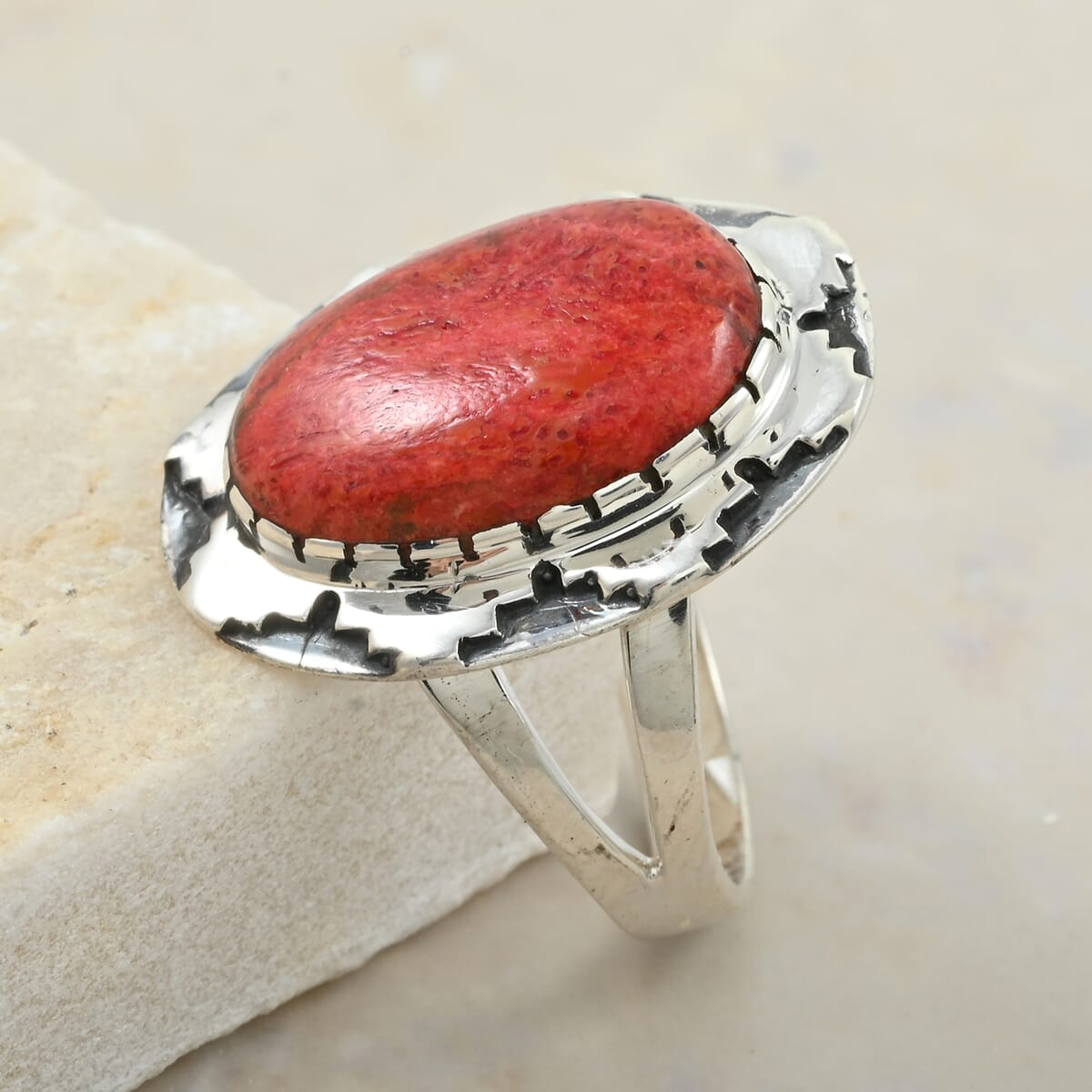Santa Fe Style Enhanced Red Coral 10.00 ctw Ring in Sterling Silver (Size 8.0) image number 1