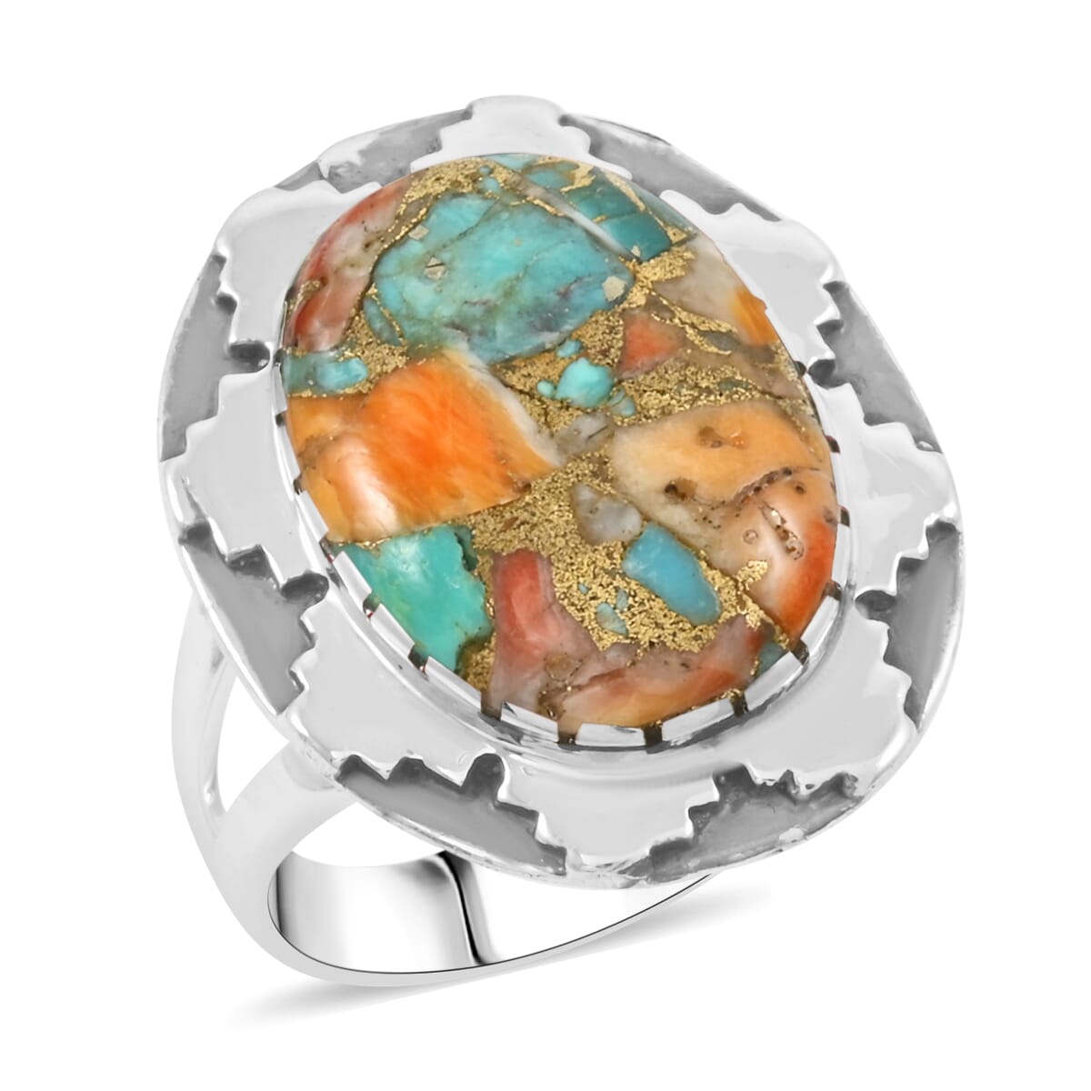 Santa Fe Style Spiny Turquoise 10.00 ctw Ring in Sterling Silver (Size  6.0) image number 0