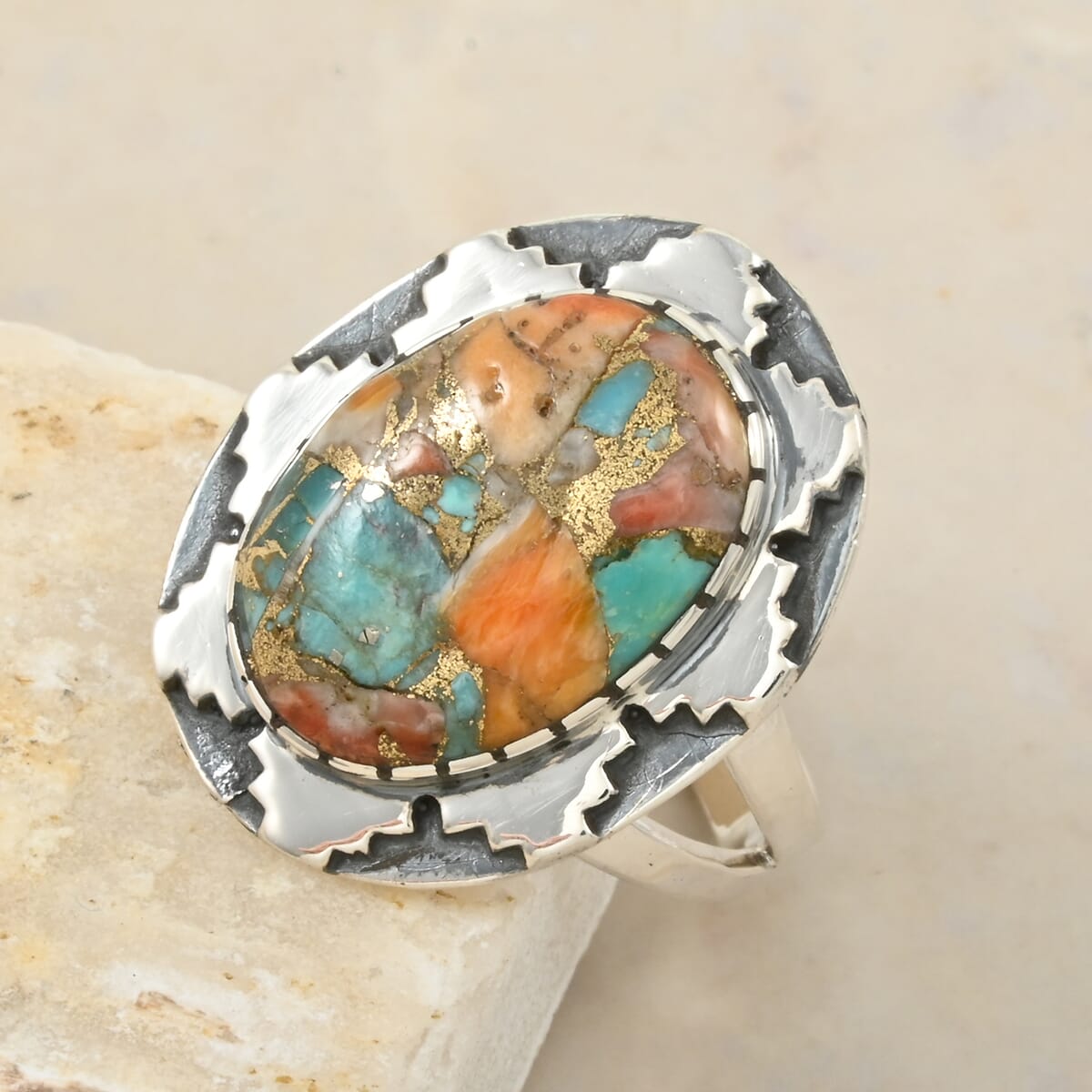 Santa Fe Style Spiny Turquoise 10.00 ctw Ring in Sterling Silver (Size  6.0) image number 1