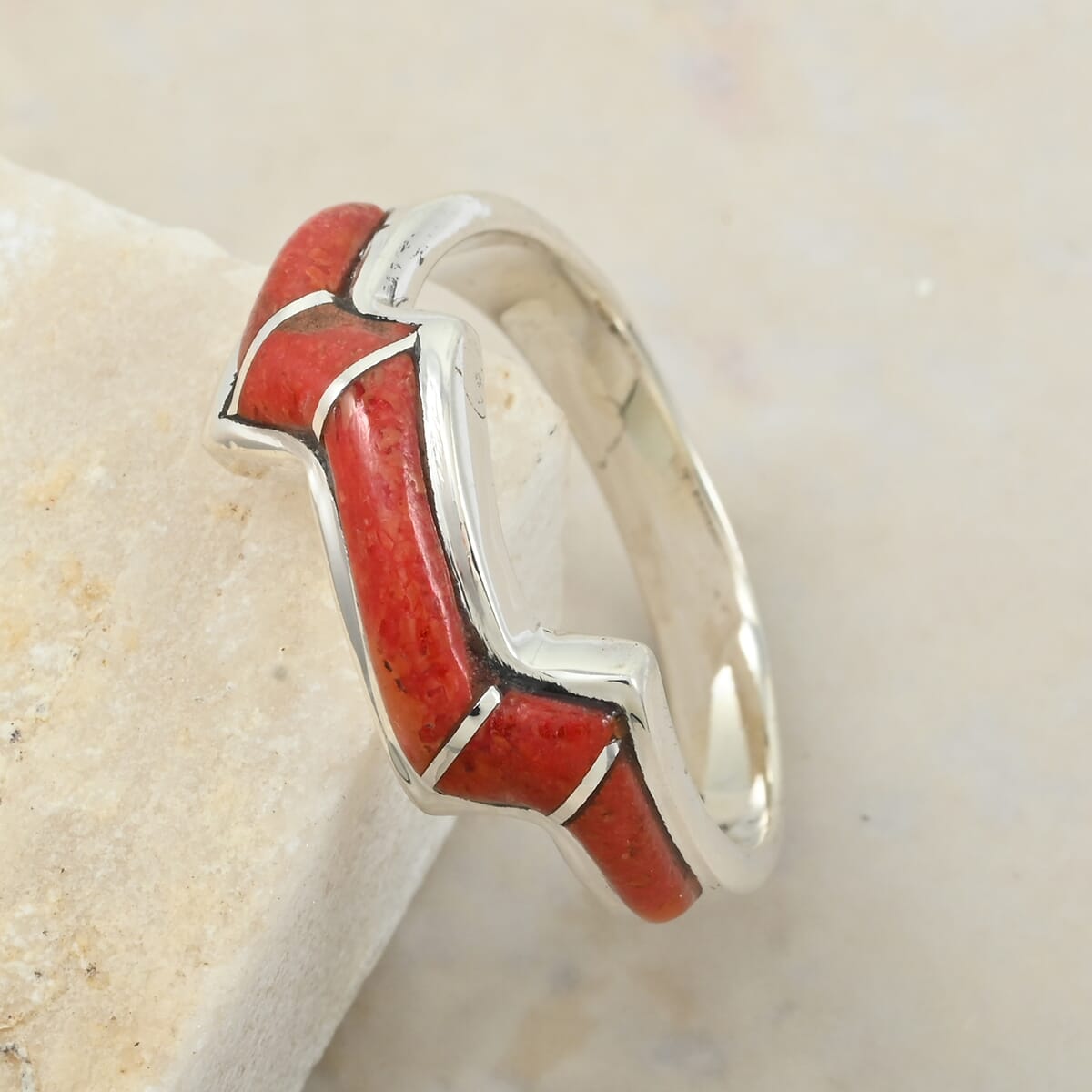 Santa Fe Style Enhanced Red Coral 4.00 ctw Ring in Sterling Silver (Size 10.0) image number 1