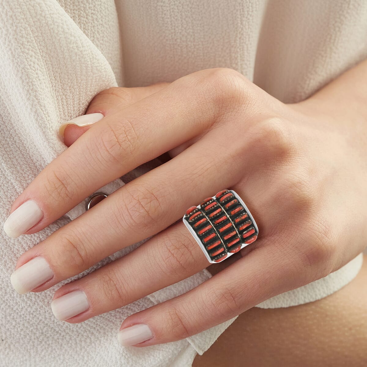 Santa Fe Style Enhanced Red Coral 8.00 ctw Ring in Sterling Silver (Size 10.0) image number 1