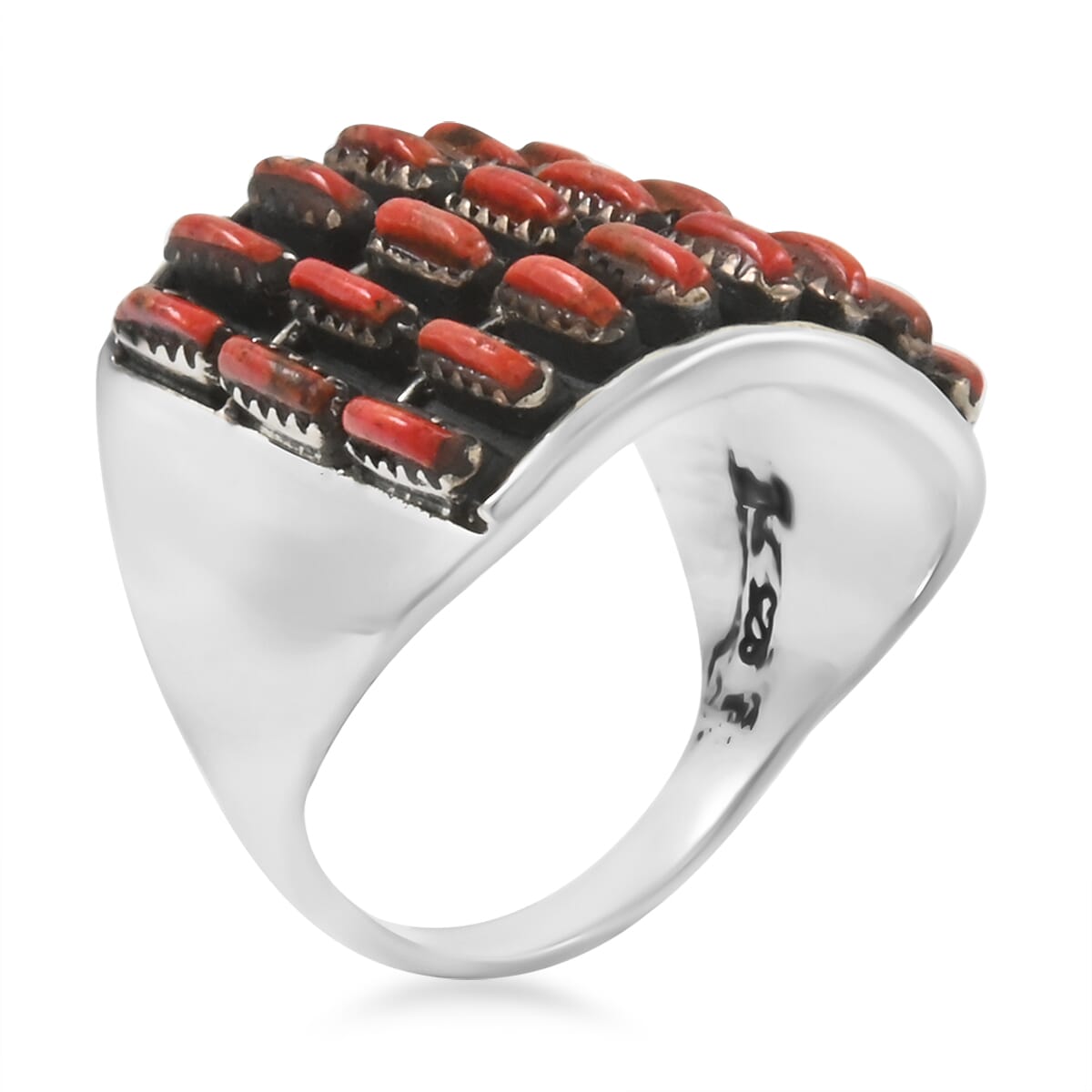 Santa Fe Style Enhanced Red Coral 8.00 ctw Ring in Sterling Silver (Size 10.0) image number 2