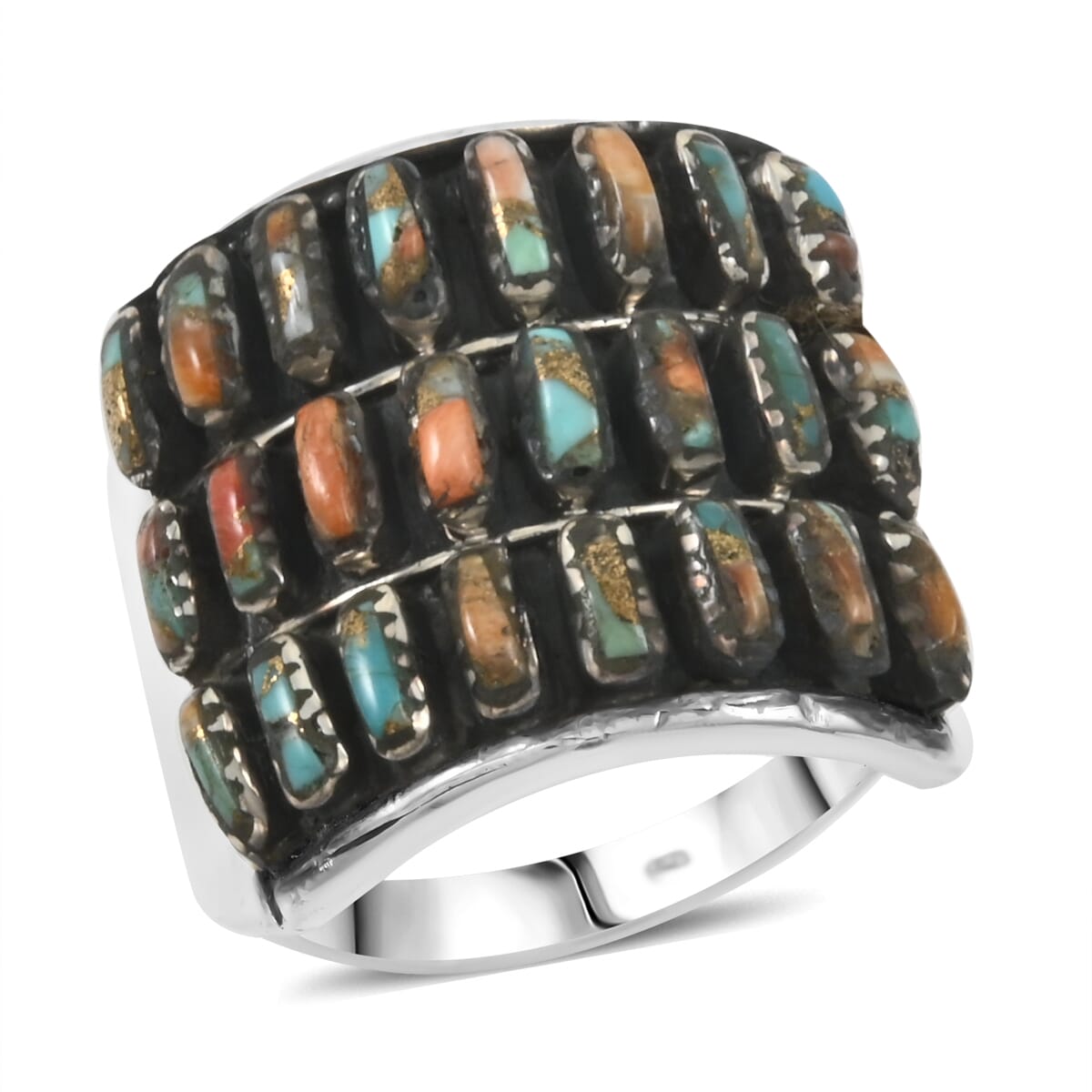 Santa Fe Style Spiny Turquoise 8.00 ctw Ring in Sterling Silver (Size 9.0) image number 0
