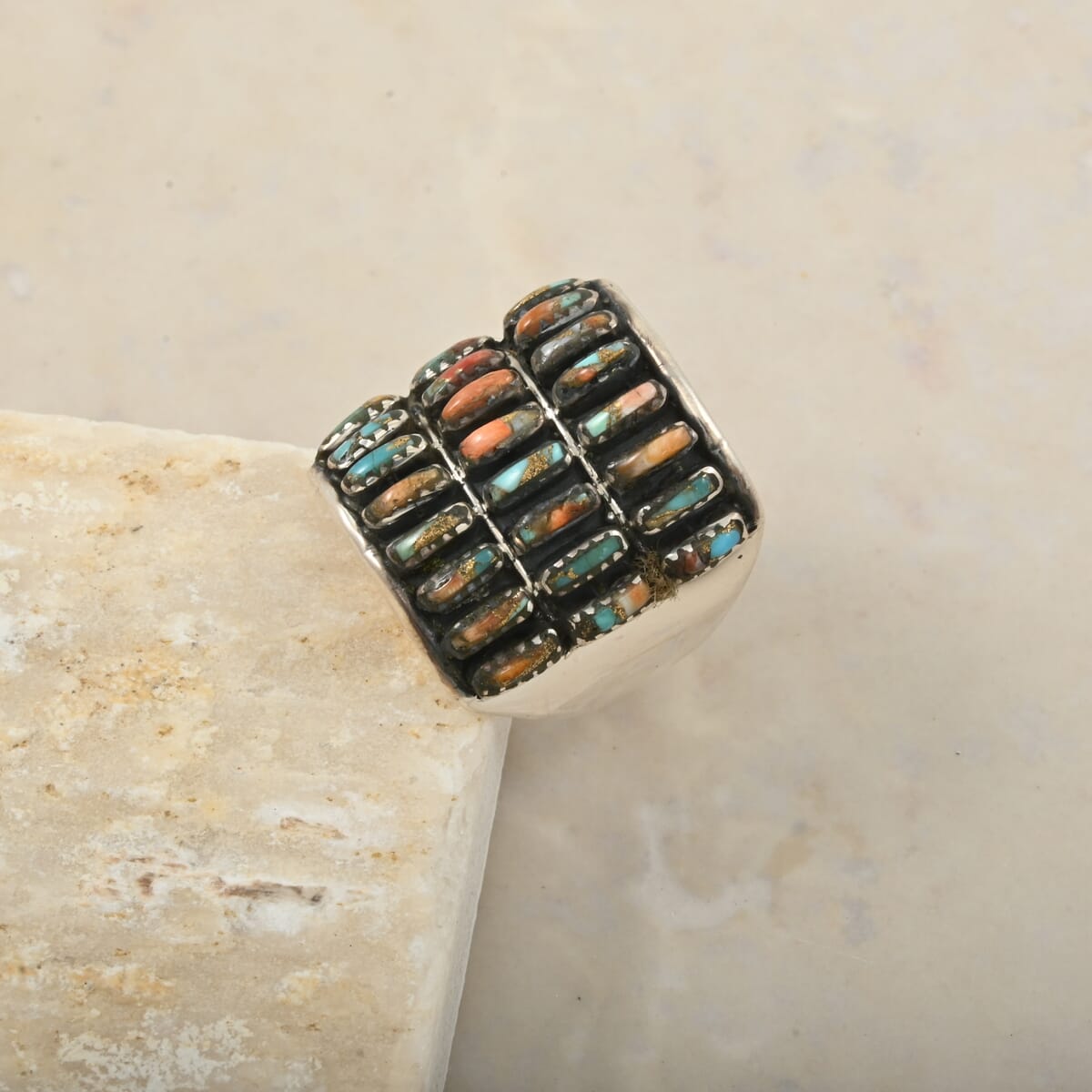 Santa Fe Style Spiny Turquoise 8.00 ctw Ring in Sterling Silver (Size 9.0) image number 1