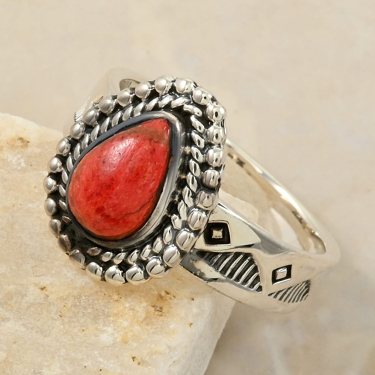 Santa Fe Style Enhanced Red Coral 2.50 ctw Ring in Sterling Silver (Size 10.0) image number 1