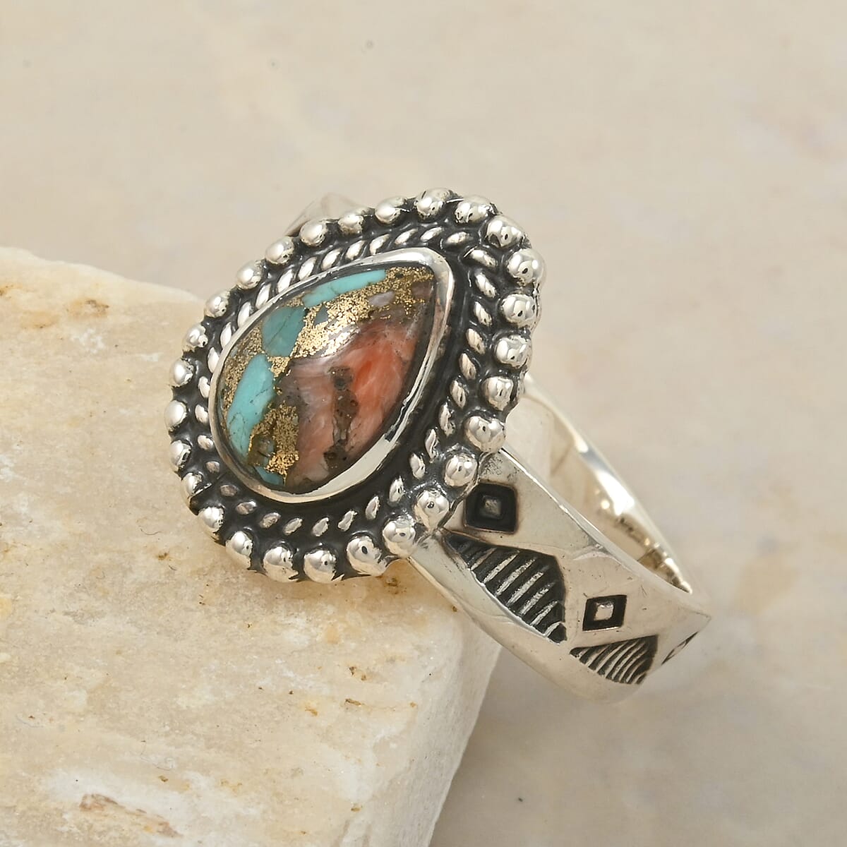 Santa Fe Style Spiny Turquoise 2.50 ctw Ring in Sterling Silver (Size 9.0) image number 1