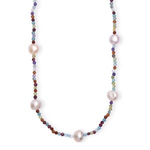 Multi Color Freshwater Pearl and Multi Gemstone 30 ctw Necklace 24 Inches in Rhodium Over Sterling Silver