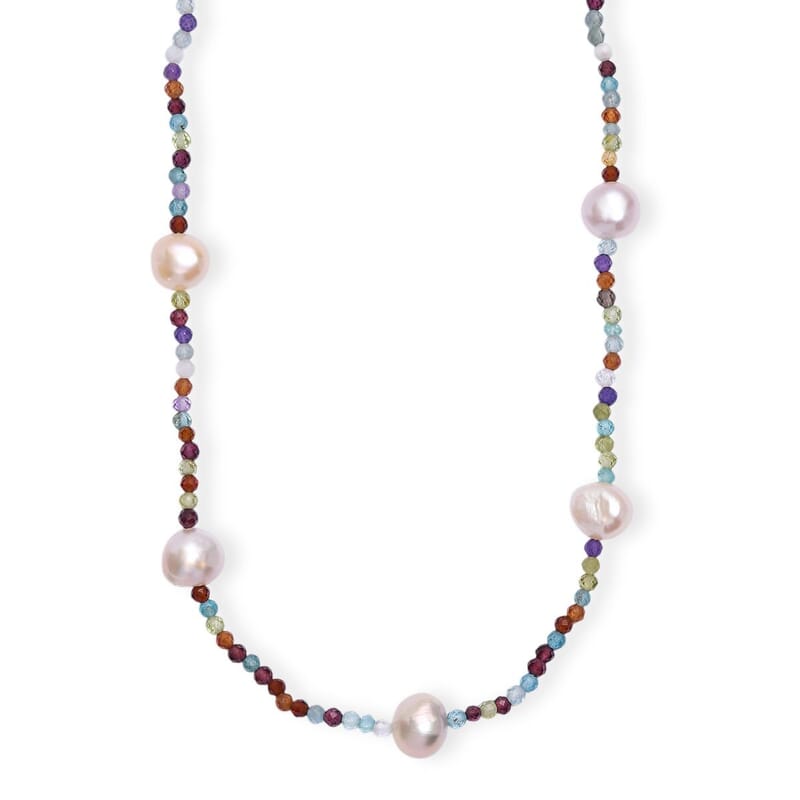 GCS Multi Color Freshwater Pearl and Multi Gemstone 30 ctw Necklace 24 Inches in Rhodium Over Sterling Silver